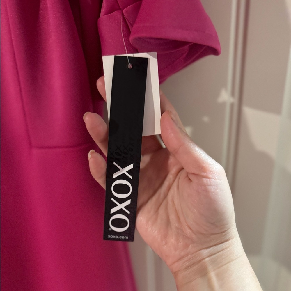 NEW w TAGS 🏷️  XOXO Hot Pink Off-the-Shoulder Sheath Dress (Small) - Picture 5 of 13